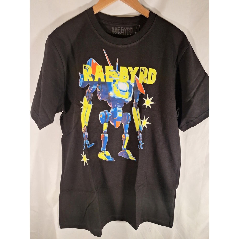 Rae Byrd Clothing Mens Black Mecha Robot Graphic T-Shirt Large Streetwear Tee